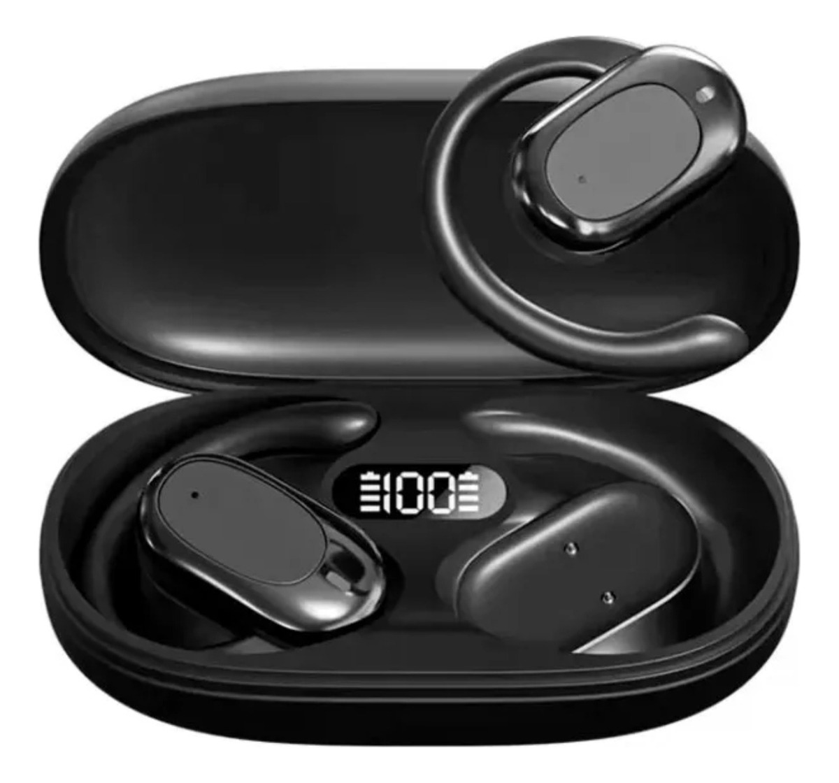 Auriculares Twins Bluetooth con Base de Carga, Display y Enganche para la Oreja