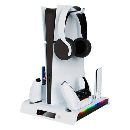 Base para PS5 Slim y Pro con Coolers, RGB, Apoya Auricular y Carga de Joystick