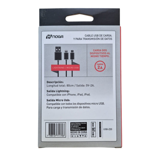 Cable USB 2 en 1 NOGA Zipper Lightning + Micro USB