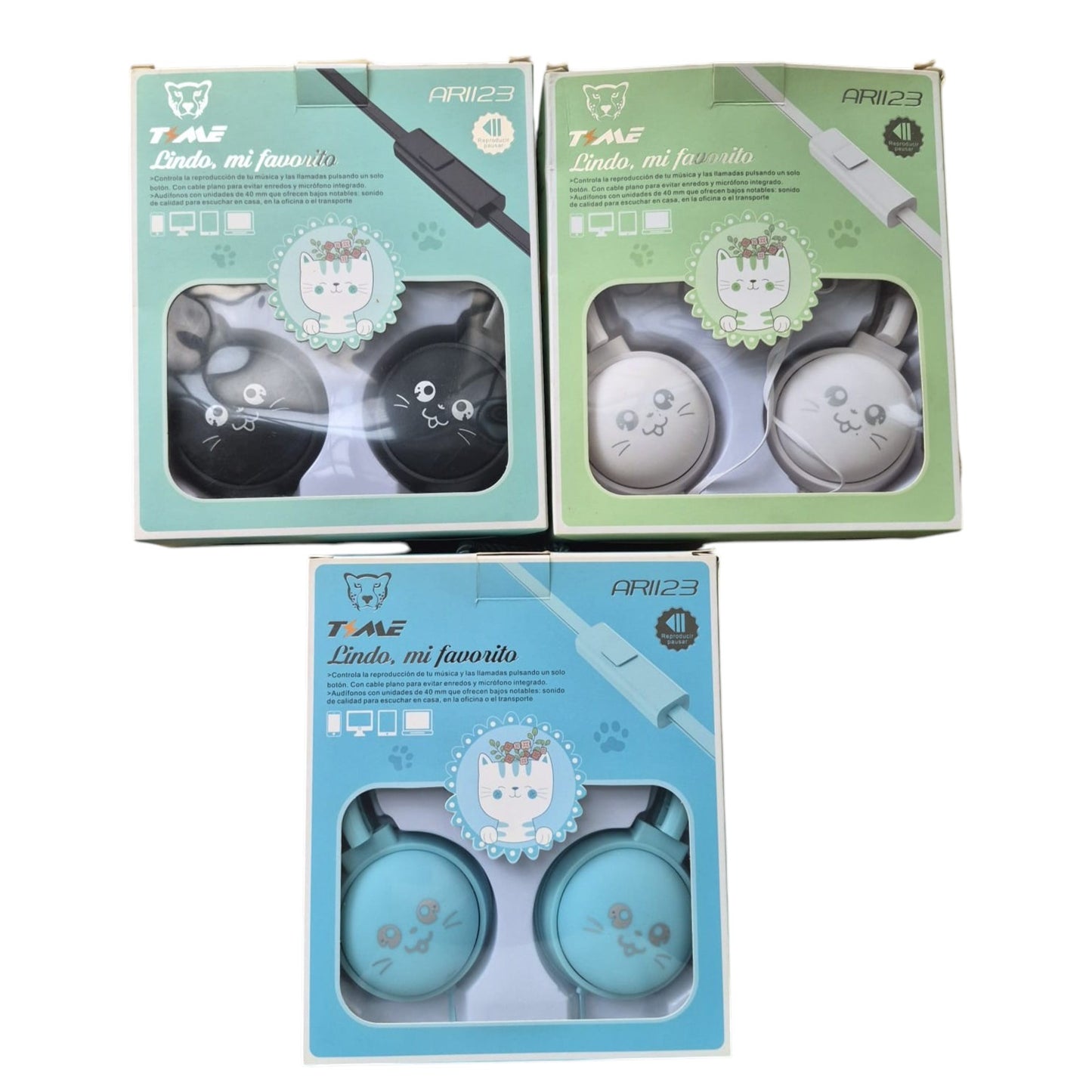 Auriculares Vincha Diseño Gatito Time con Manos Libres — Negro, Blanco y Celeste