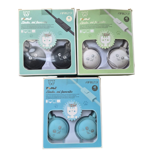 Auriculares Vincha Diseño Gatito Time con Manos Libres — Negro, Blanco y Celeste
