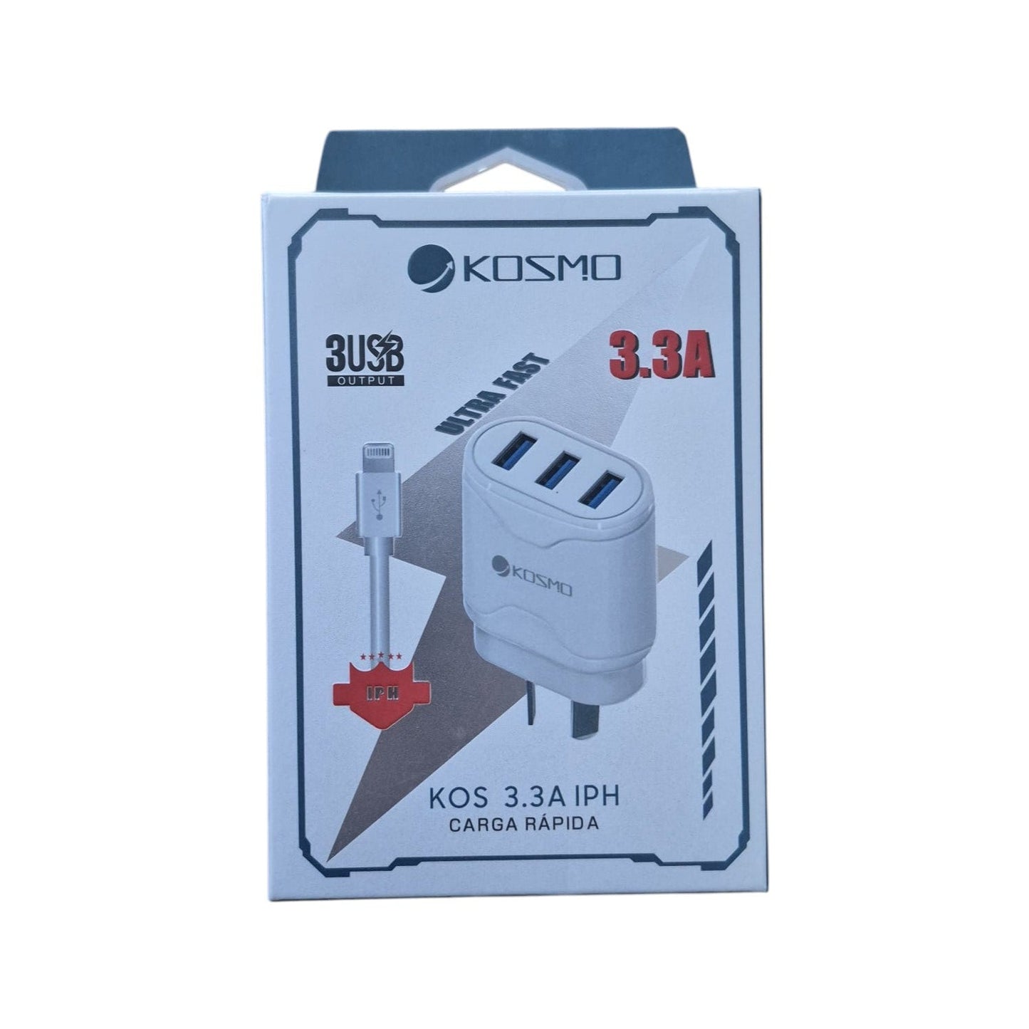 Cargador Kosmo 3.3A 3 Puertos USB + Cable Lightning iPhone
