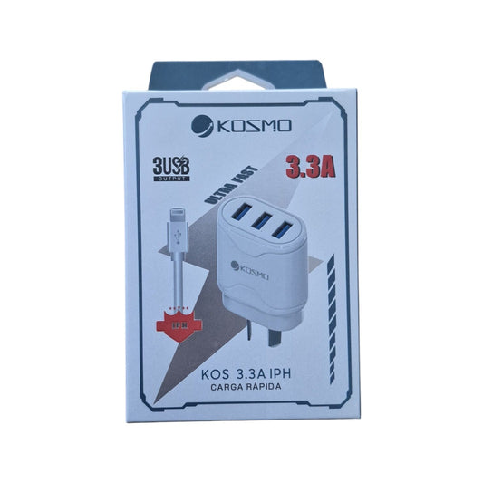 Cargador Kosmo 3.3A 3 Puertos USB + Cable Lightning iPhone